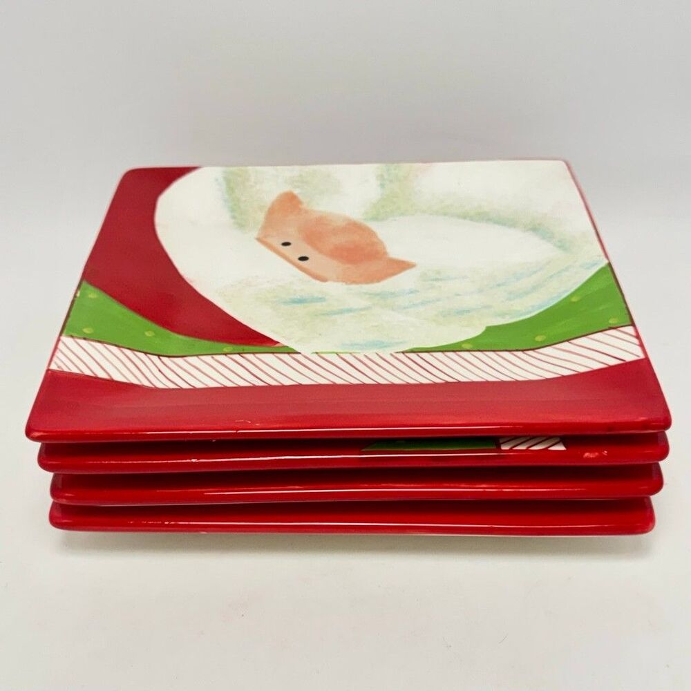 Oneida Santa Closeups Square Dessert Plates Set of 4, Red and White